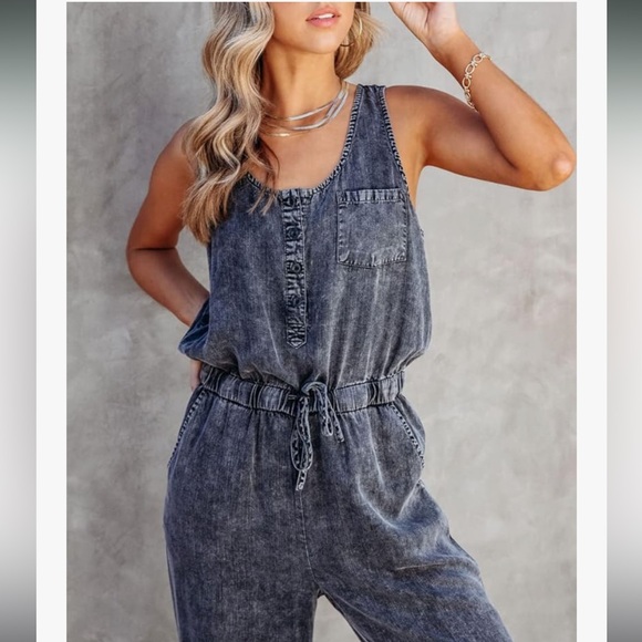 Amazon denim sleeveless jumpsuit in charcoal - Picture 4 of 8